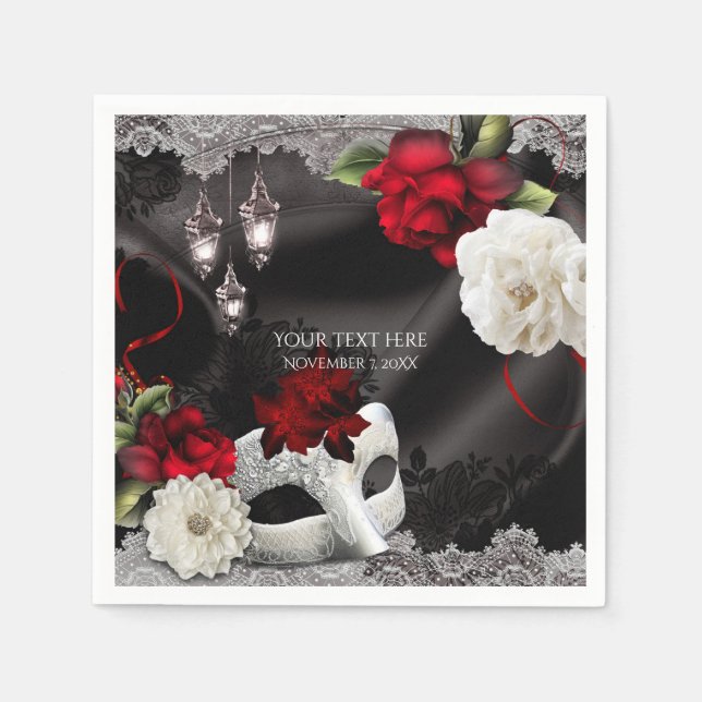 Serviettes Jetables Elégante Soie Noire Florale & Dentelle Masquerade  (Devant)