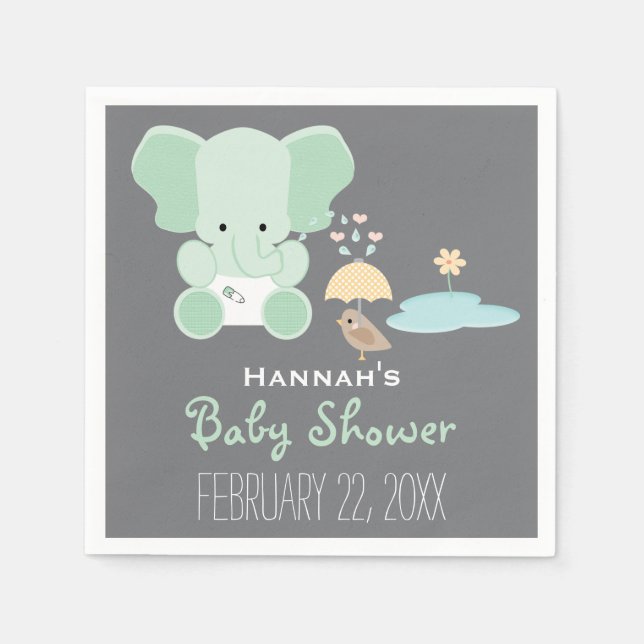 Serviettes Jetables Eléphant vert à la menthe dans le Baby shower d'oi (Devant)