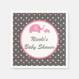 Serviettes Jetables Eléphants baby shower rose gris et blanc