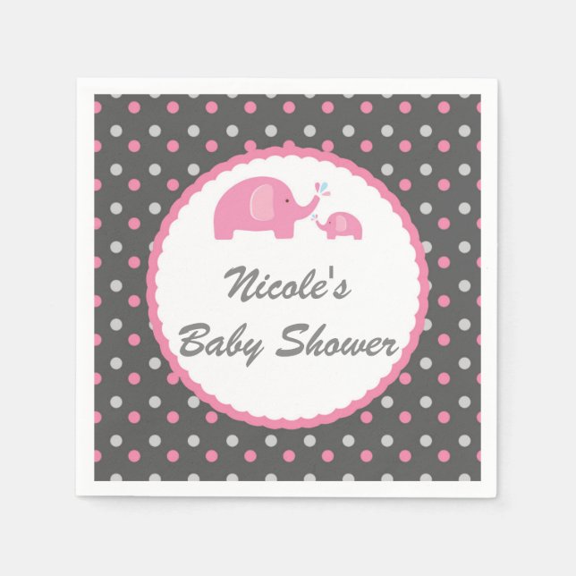 Serviettes Jetables Eléphants baby shower rose gris et blanc (Devant)