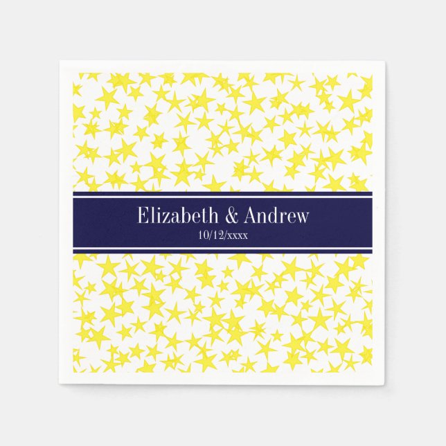 Serviettes Jetables Etoiles Jaunes Blanc BG, Nom bleu marine Monogramm (Devant)