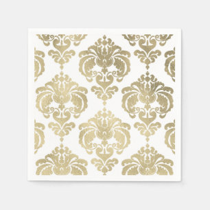 Serviettes Jetables Événement de mariage vintage damassé or et blanc
