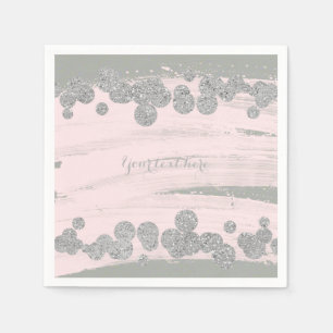 Serviettes Jetables Fard Rose Argent & Gris Paillettes Points Glam Par