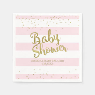 Serviettes Jetables Faux Gold Foil, Pink Stripes Baby shower Girl
