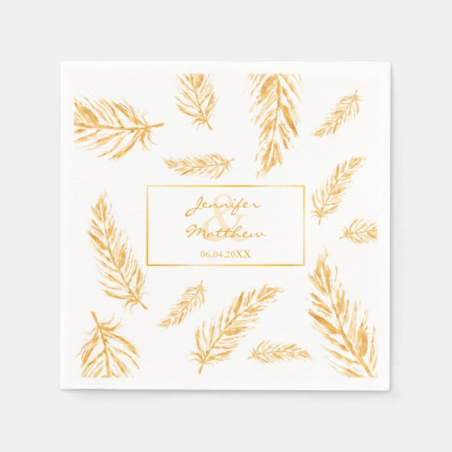 Serviettes Jetables Faux Golden Yellow Feathers & Mariage Couple Names (Devant)