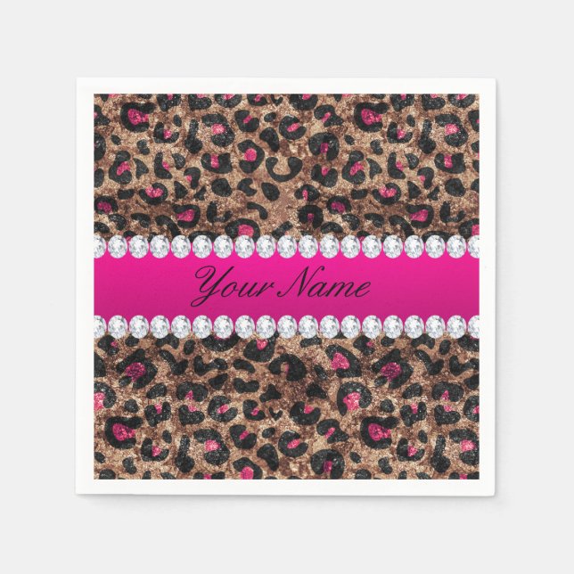 Serviettes Jetables Faux Leopard Rose rose chaud huile et diamants (Devant)