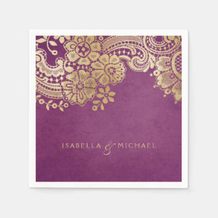 Serviettes Jetables Faux or violet élégant mariage en dentelle vintage