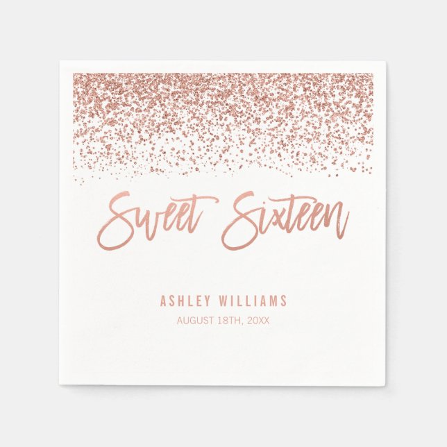 Serviettes Jetables Faux Rose Gold Parties scintillant Sweet 16 Annive (Devant)