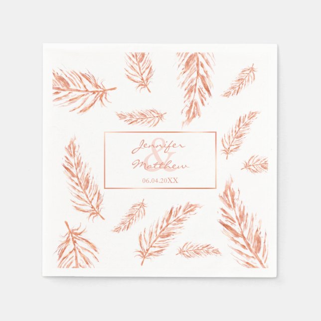 Serviettes Jetables Faux Rose Or Pink Plumes Mariage Couple Noms (Devant)
