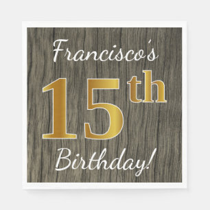 Serviettes Jetables Faux Wood, Faux Gold 15e anniversaire + Nom person