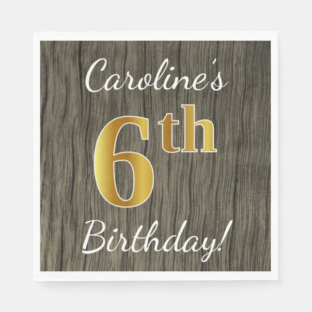 Serviettes Jetables Faux Wood, Faux Gold 6e anniversaire + Nom personn (Devant)