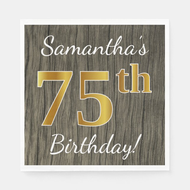 Serviettes Jetables Faux Wood, Faux Gold 75e anniversaire + Nom person (Devant)