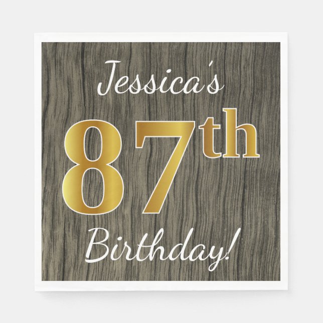 Serviettes Jetables Faux Wood, Faux Gold 87e anniversaire + Nom person (Devant)