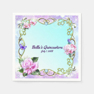 Serviettes Jetables Fête d'anniversaire Quinceañera Roses & Papillons