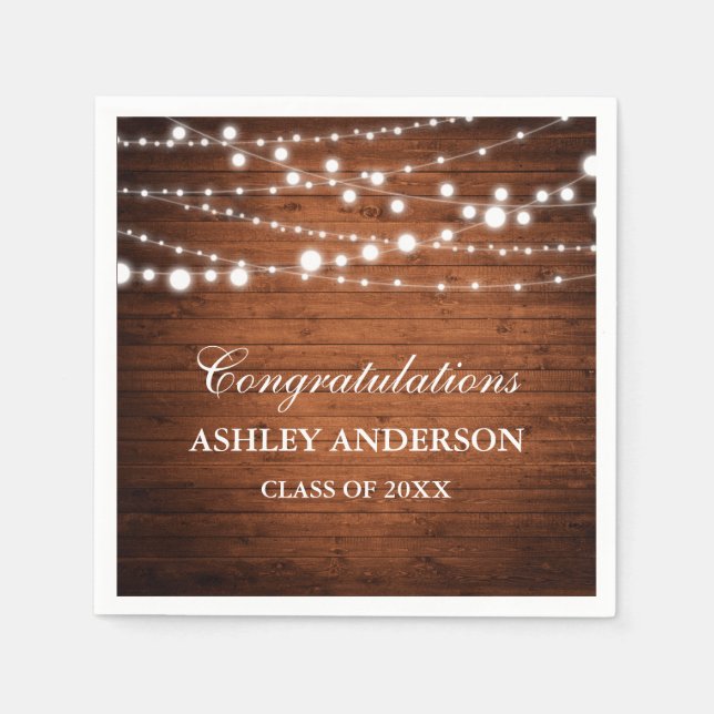 Serviettes Jetables Fête de graduation Rustic Wood Lights (Devant)