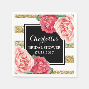 Serviettes Jetables Fête des mariées Black Gold Stripes rose Fleurs