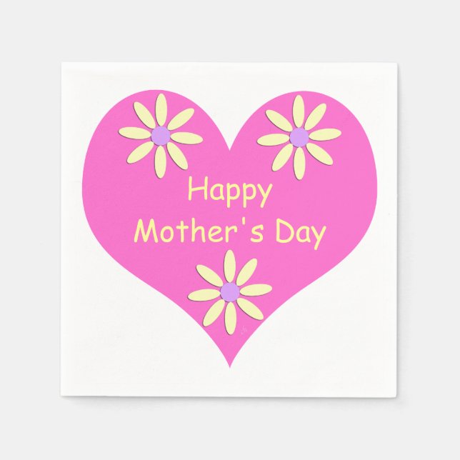 Serviettes Jetables Fête des mères Coeur rose et Fleurs jaunes (Devant)