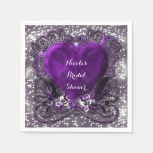 Serviettes Jetables Fête Paillettes Cœur Violet & Argent