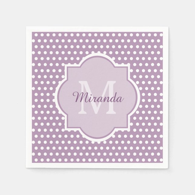 Serviettes Jetables Fille Lavande violet Pois Monogramme et nom (Devant)