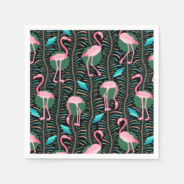 Serviettes Jetables Flamant rose Oiseaux 20s Déco Ferns Motif Black Gr (Devant)