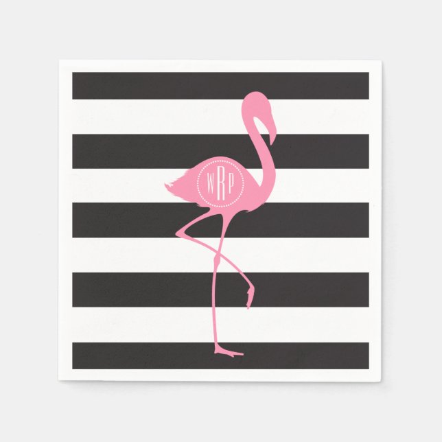Serviettes Jetables Flamant rose rose monogramme + noir + blanc (Devant)