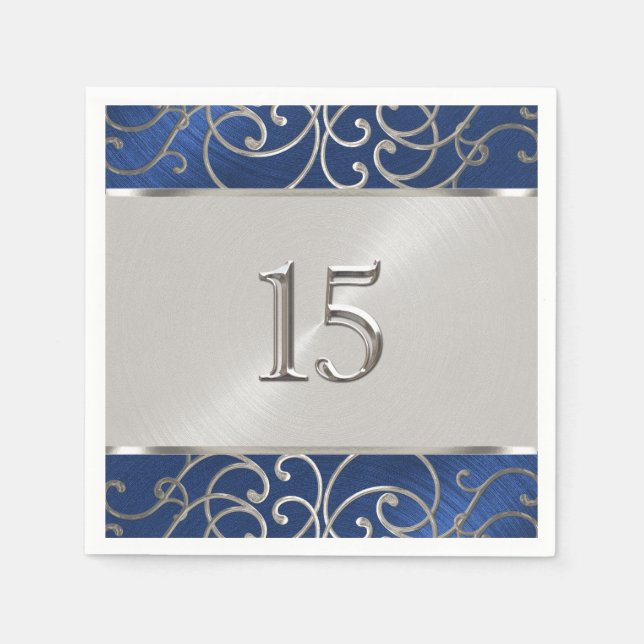 Serviettes Jetables Flèches bleu et argent de la Quinceanera Navy (Devant)