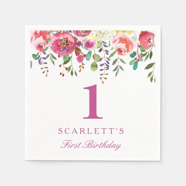 Serviettes Jetables Fleurs de Peach rose Fille 1er anniversaire fête N (Devant)