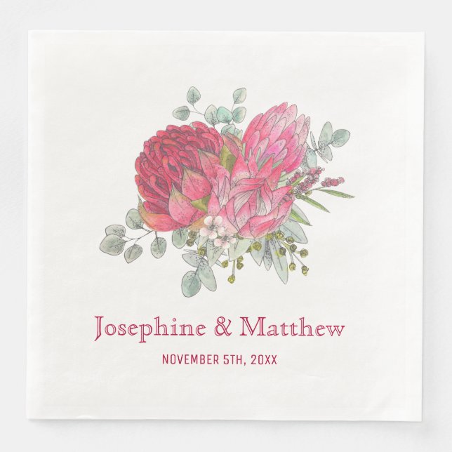 Serviettes Jetables Fleurs Protea et Mariage Waratah (Devant)