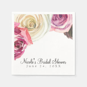 Serviettes Jetables Fleurs roses et blanches à l'aquarelle Mariage chi