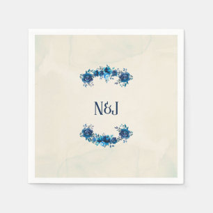 Serviettes Jetables Fleurs vintage à l'aquarelle bleu indigo et beige