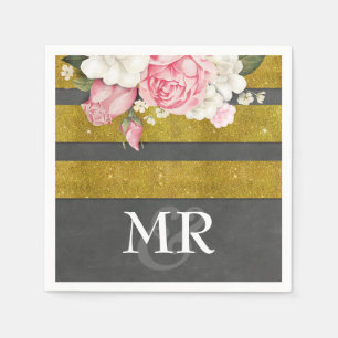 Serviettes Jetables Fleurs Vintage Gold Chalkboard Grilles Mariage