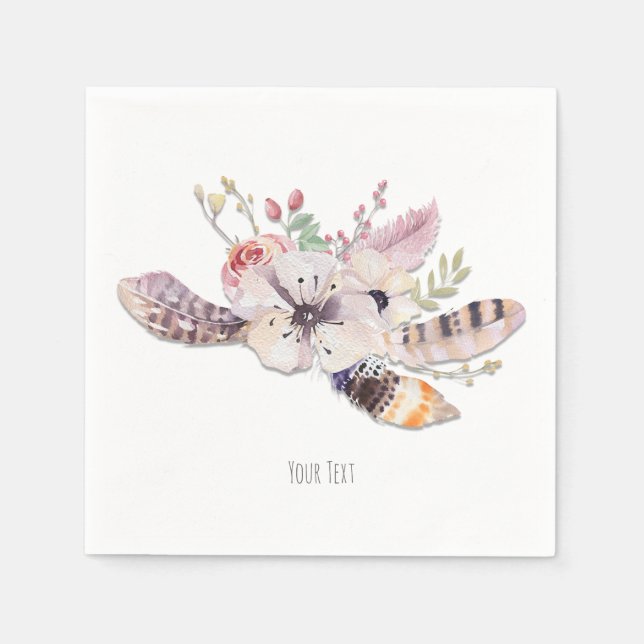 Serviettes Jetables Floral Rustique & Plumes Boho Chic Custom Party (Devant)