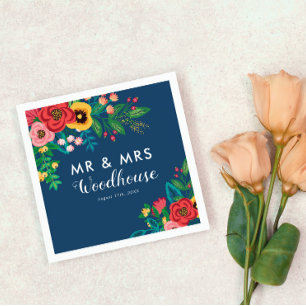 Serviettes Jetables Folk Bouquet - Blue Boho Mr & Mrs Mariage