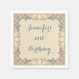 Serviettes Jetables Frontière florale de nouveau crème et bleu d'art