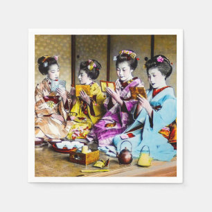Serviettes Jetables Geisha vintage vérifiant leur maquillage au thé