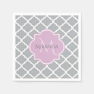 Serviettes Jetables Girl Grey Quatrefoil Lavender Monogramme et nom