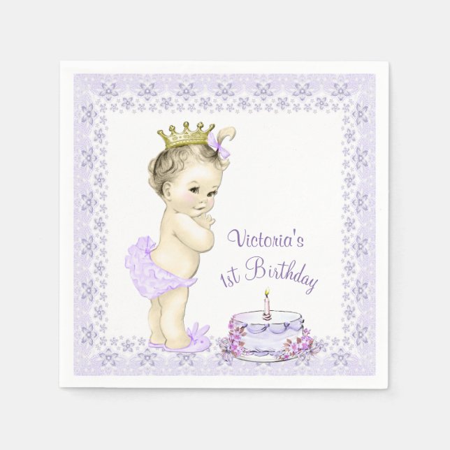 Serviettes Jetables Girls Purple Princess 1er Anniversaire Cocktail Na (Devant)