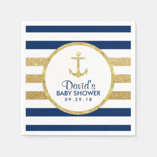 Serviettes Jetables Gold Ancre Marine Gold Stripes Baby shower nautiqu