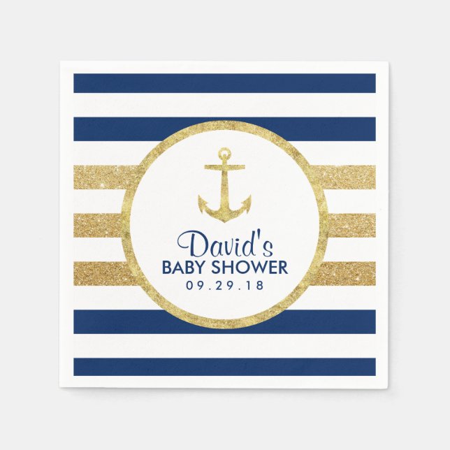 Serviettes Jetables Gold Ancre Marine Gold Stripes Baby shower nautiqu (Devant)
