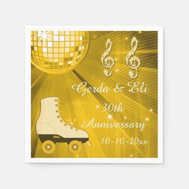Serviettes Jetables Gold Disco Ball and Roller Skates 30e anniversaire (Devant)