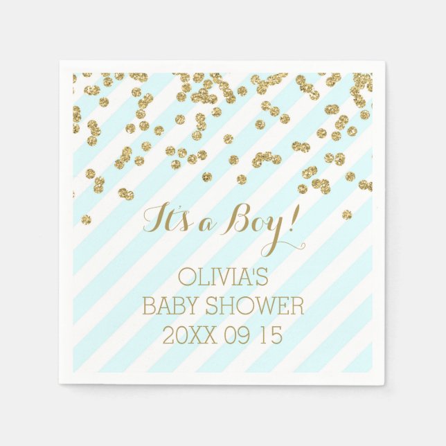 Serviettes Jetables Gold Sky Blue Confetti Stripes Baby shower (Devant)