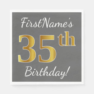 Serviettes Jetables Grey, Faux Gold 35e anniversaire + Nom personnalis