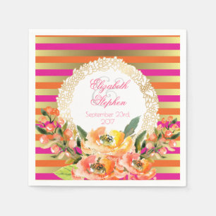Serviettes Jetables Grilles métalliques roses et or avec Mariage Flora