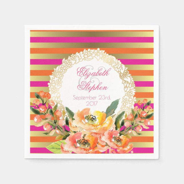 Serviettes Jetables Grilles métalliques roses et or avec Mariage Flora (Devant)