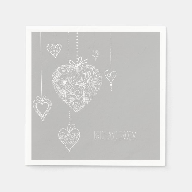 Serviettes Jetables Gris Blanc Romantique Coeurs Mariage (Devant)