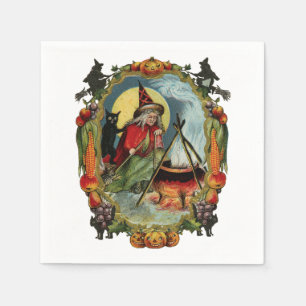 Serviettes Jetables Halloween à l'ancienne, sorcière avec chat noir