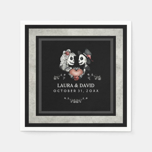 Serviettes Jetables Halloween noir & blanc Skeletons & Mariage de coeu (Devant)