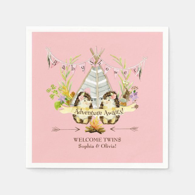 Serviettes Jetables Hérisson de forêt Twin Girls Boho Baby shower rose (Devant)