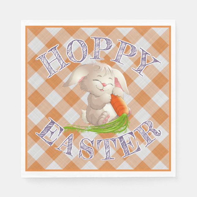 Serviettes Jetables Heureux Bunny de Pâques Orange En vichy Motif (Devant)
