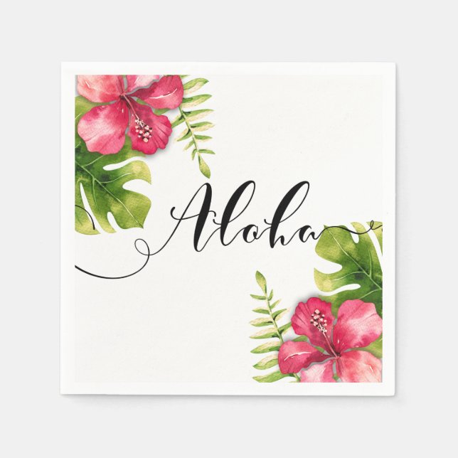 Serviettes Jetables Hibiscus Tropical Blanc Feuille Chic Mariage Aloha (Devant)